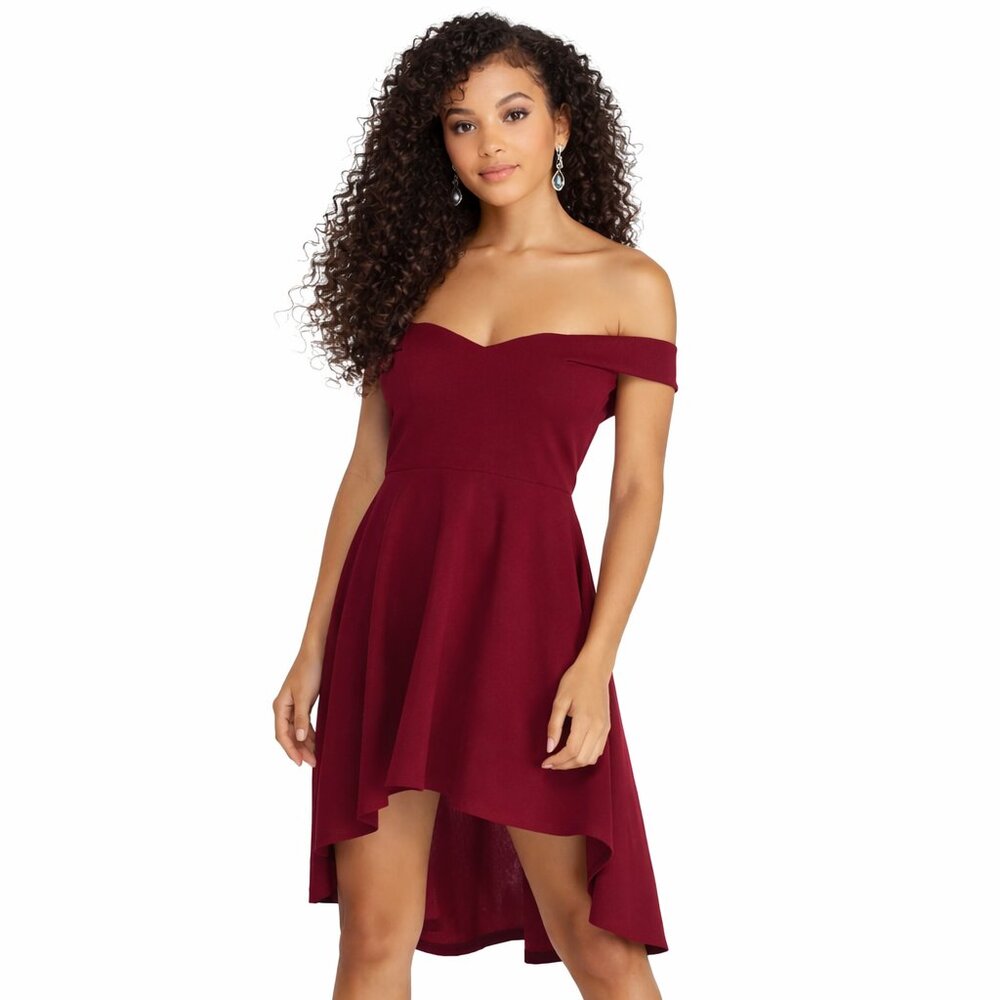Size M Windsor Burgundy Off-Shoulder High-Low Party Cocktail Dress - Picture 1 of 9